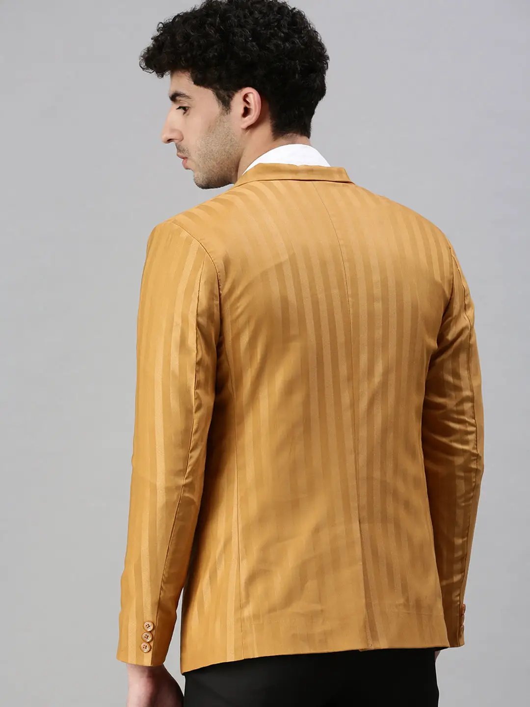 Men's Mustard Striped Slim-Fit Single-Breasted Blazer - from SHOWOFFFF
