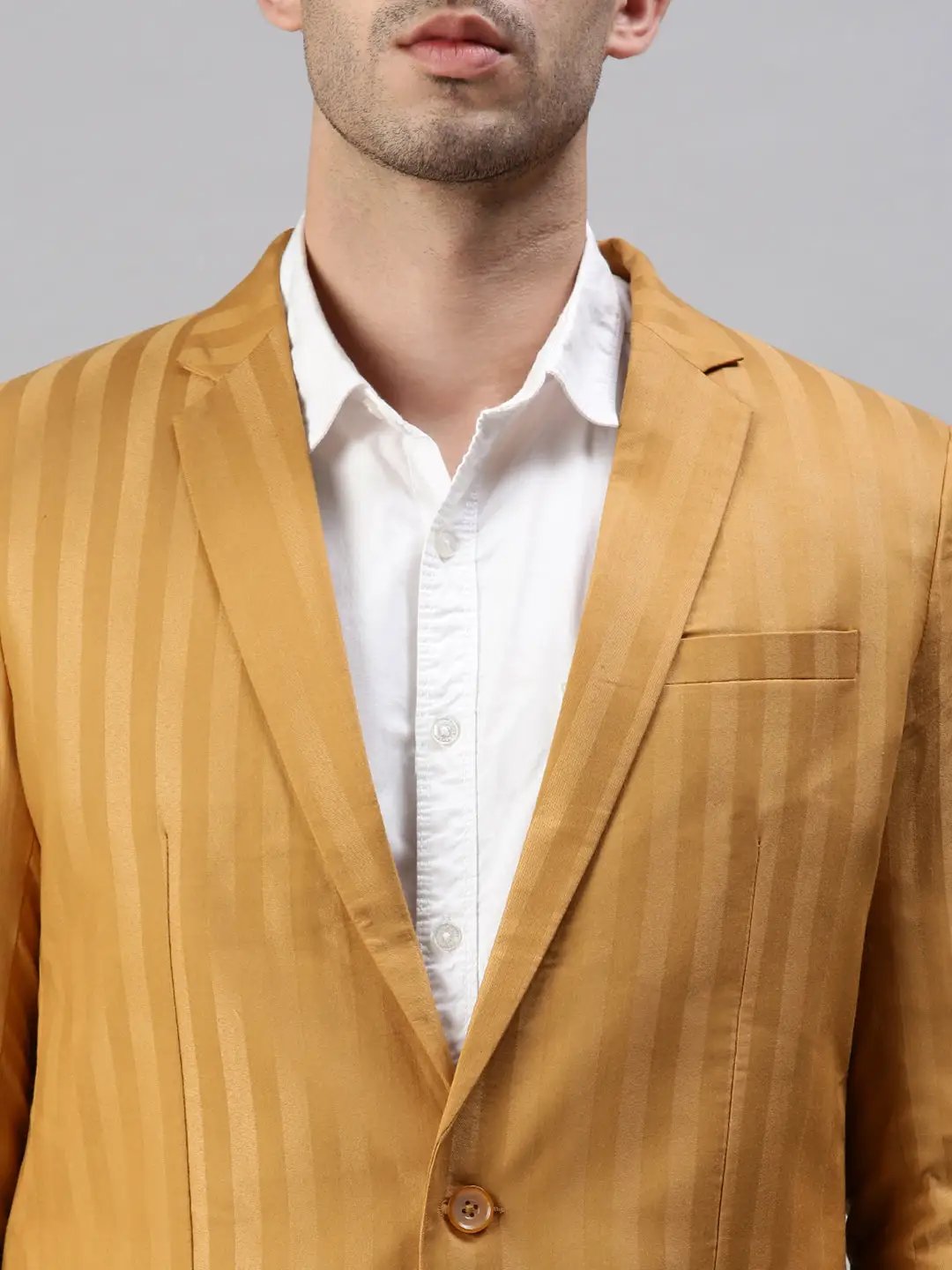 Men's Mustard Striped Slim-Fit Single-Breasted Blazer - from SHOWOFFFF