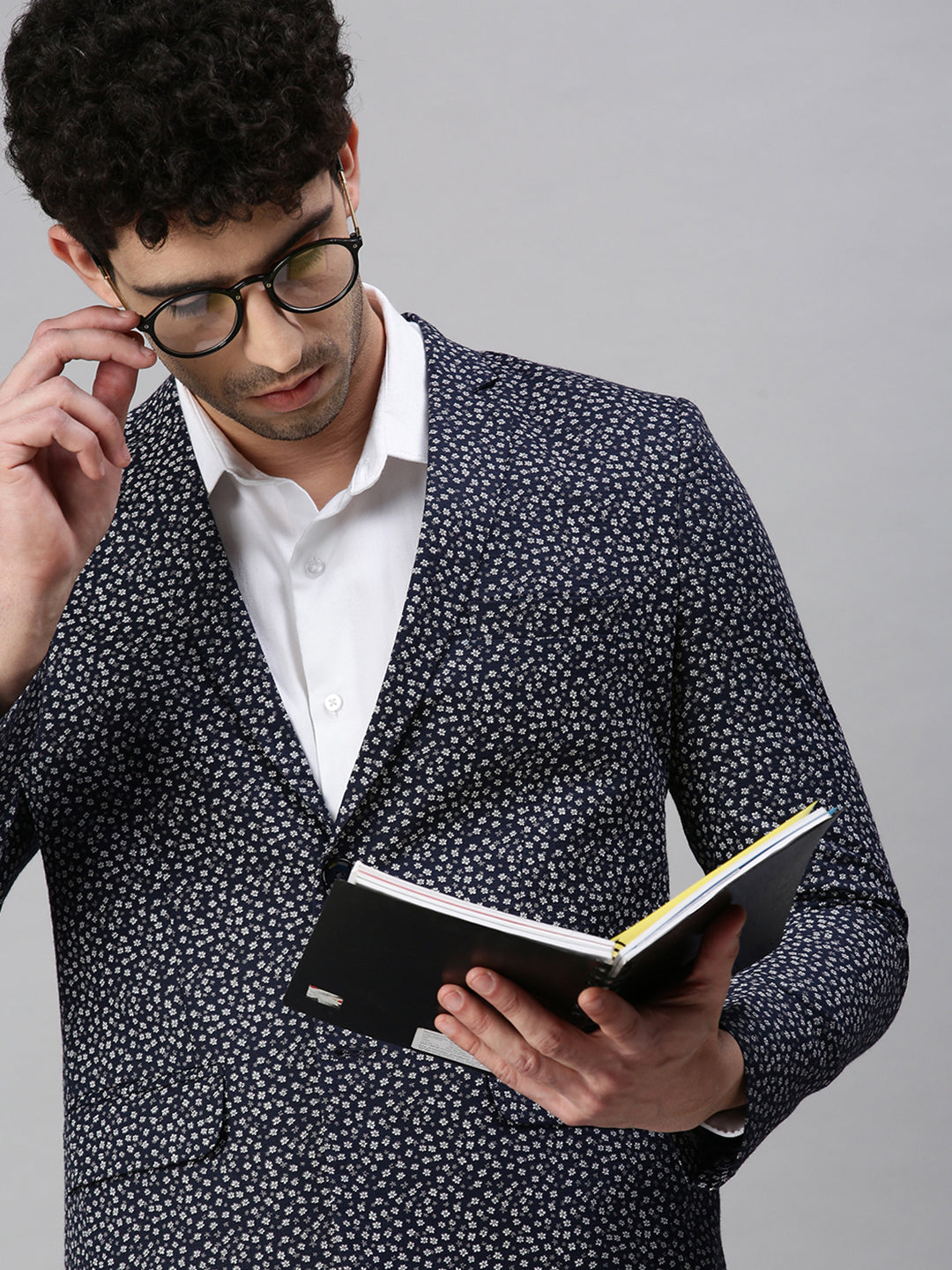 Men's Printed Navy Blue Single Breasted Blazer