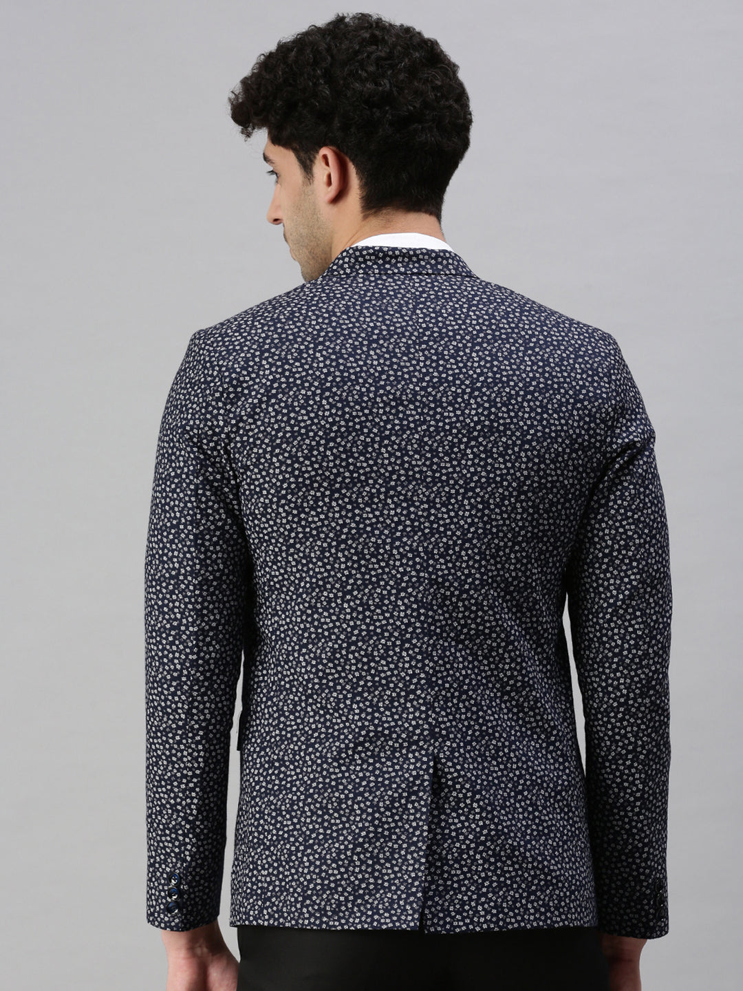 Men's Navy Blue Micro Ditsy Printed Single-Breasted Cotton Casual Blazers