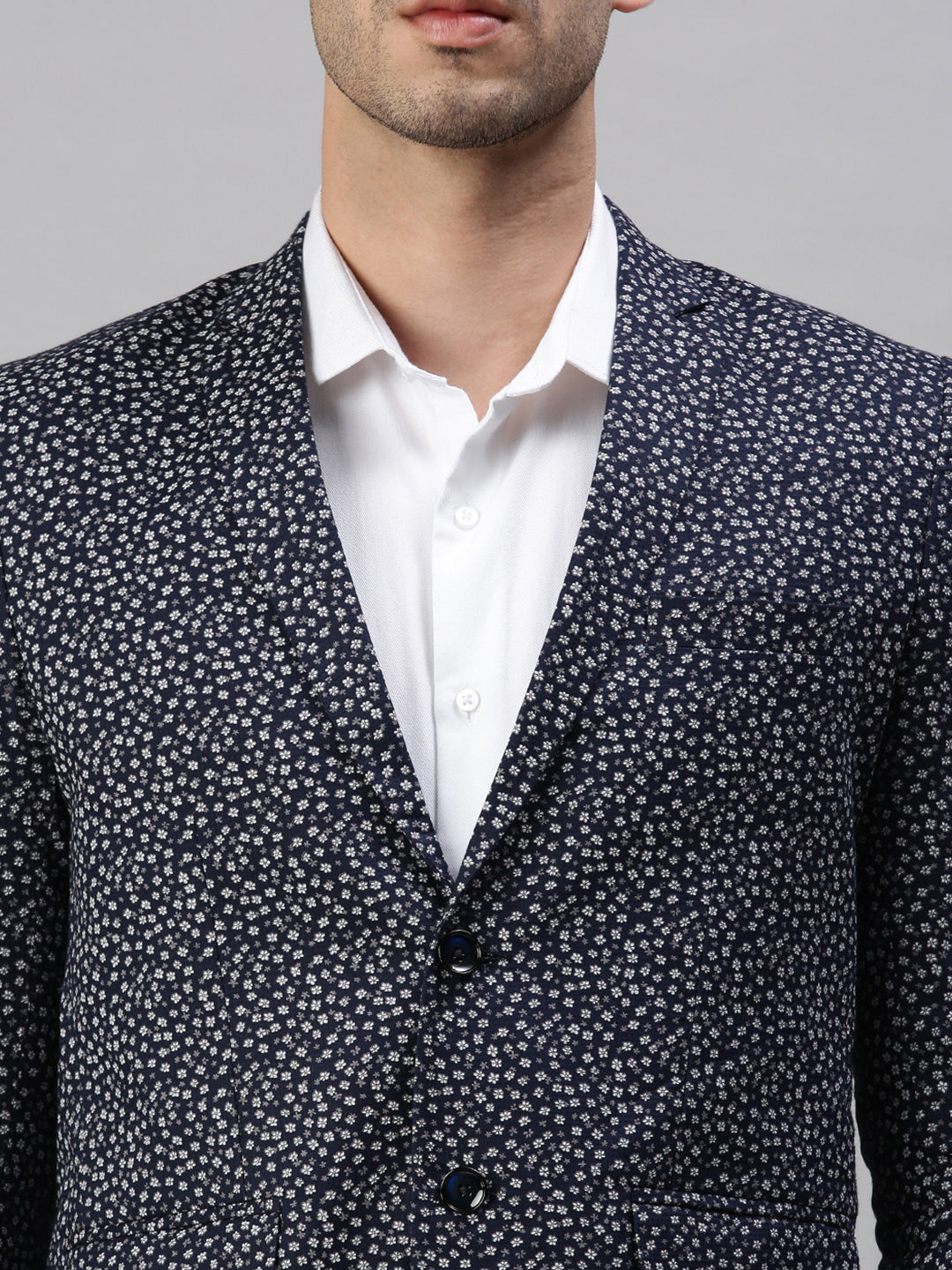 Men's Navy Blue Micro Ditsy Printed Single-Breasted Cotton Casual Blazers