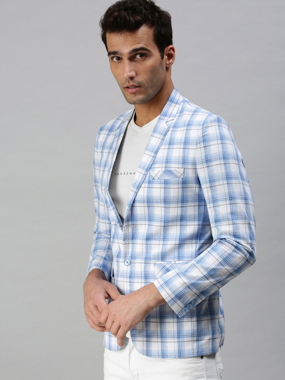 Men's Checked White Single Breasted Blazer