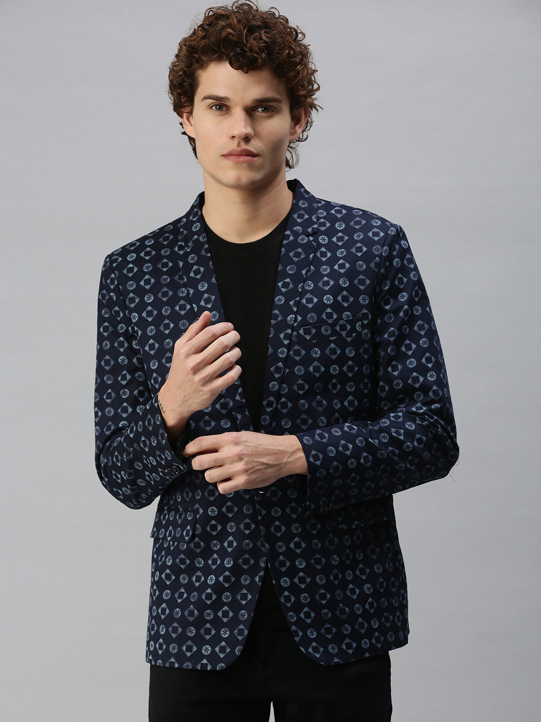 Men Navy Blue Printed Single Breasted Blazer