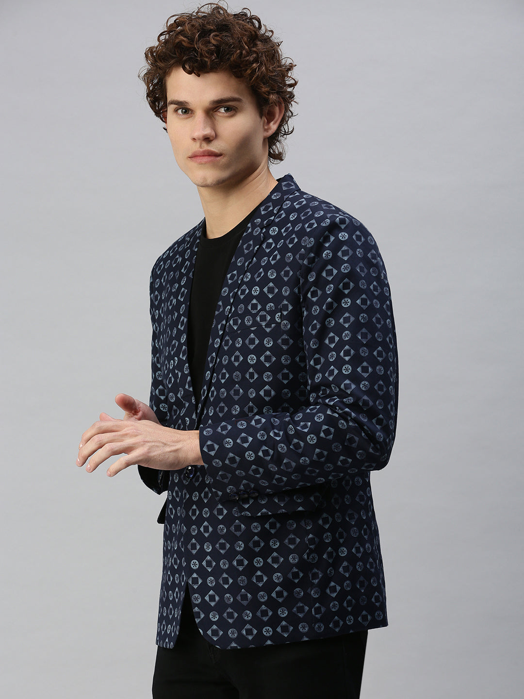 Men Navy Blue Printed Single Breasted Blazer