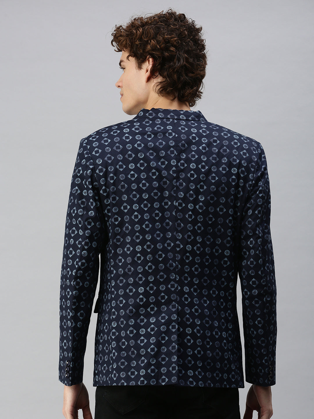 Men Navy Blue Printed Single Breasted Blazer