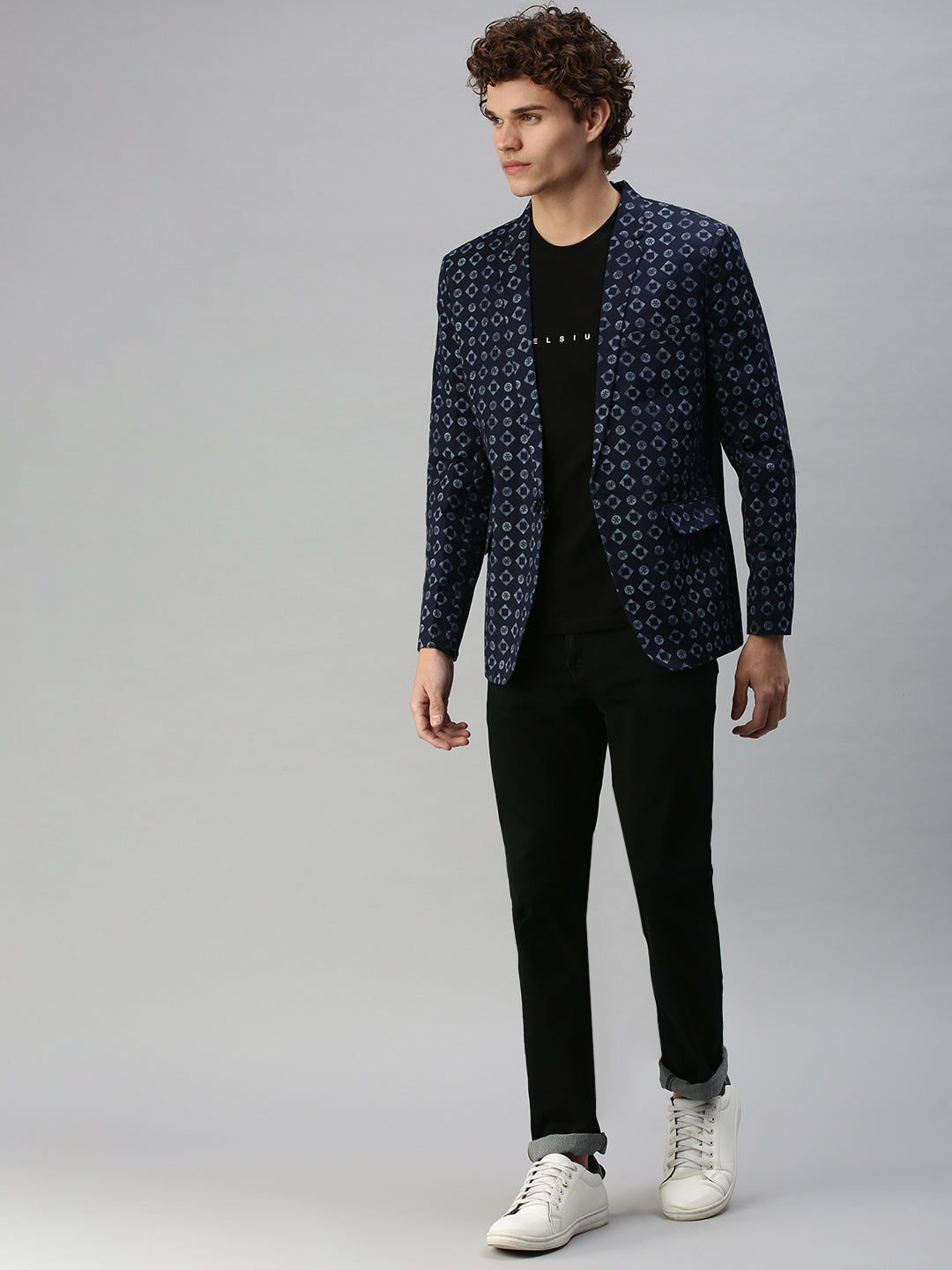 Men Navy Blue Printed Single Breasted Blazer