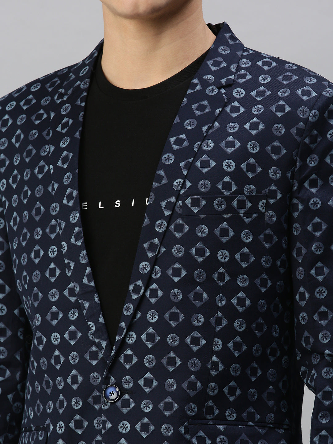 Men Navy Blue Printed Single Breasted Blazer