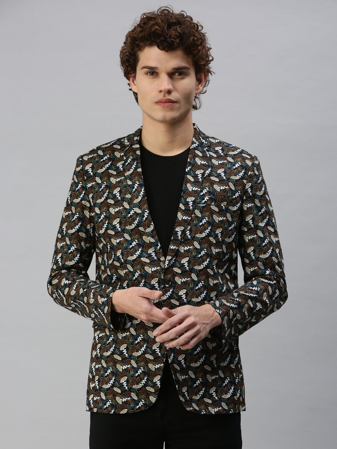 Men Black Printed Single Breasted Blazer