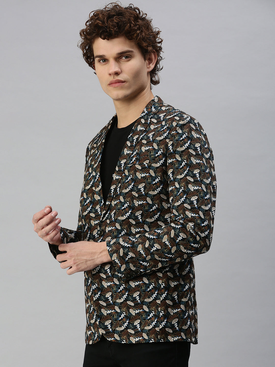 Men Black Printed Single Breasted Blazer