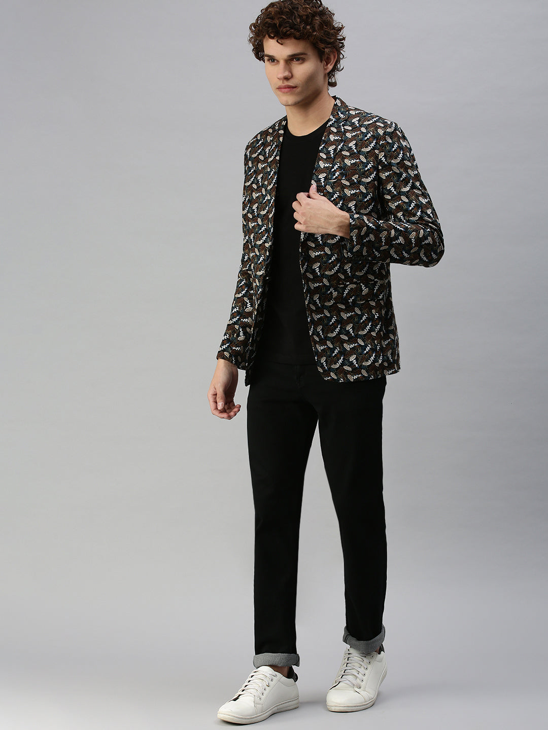 Men Black Printed Single Breasted Blazer