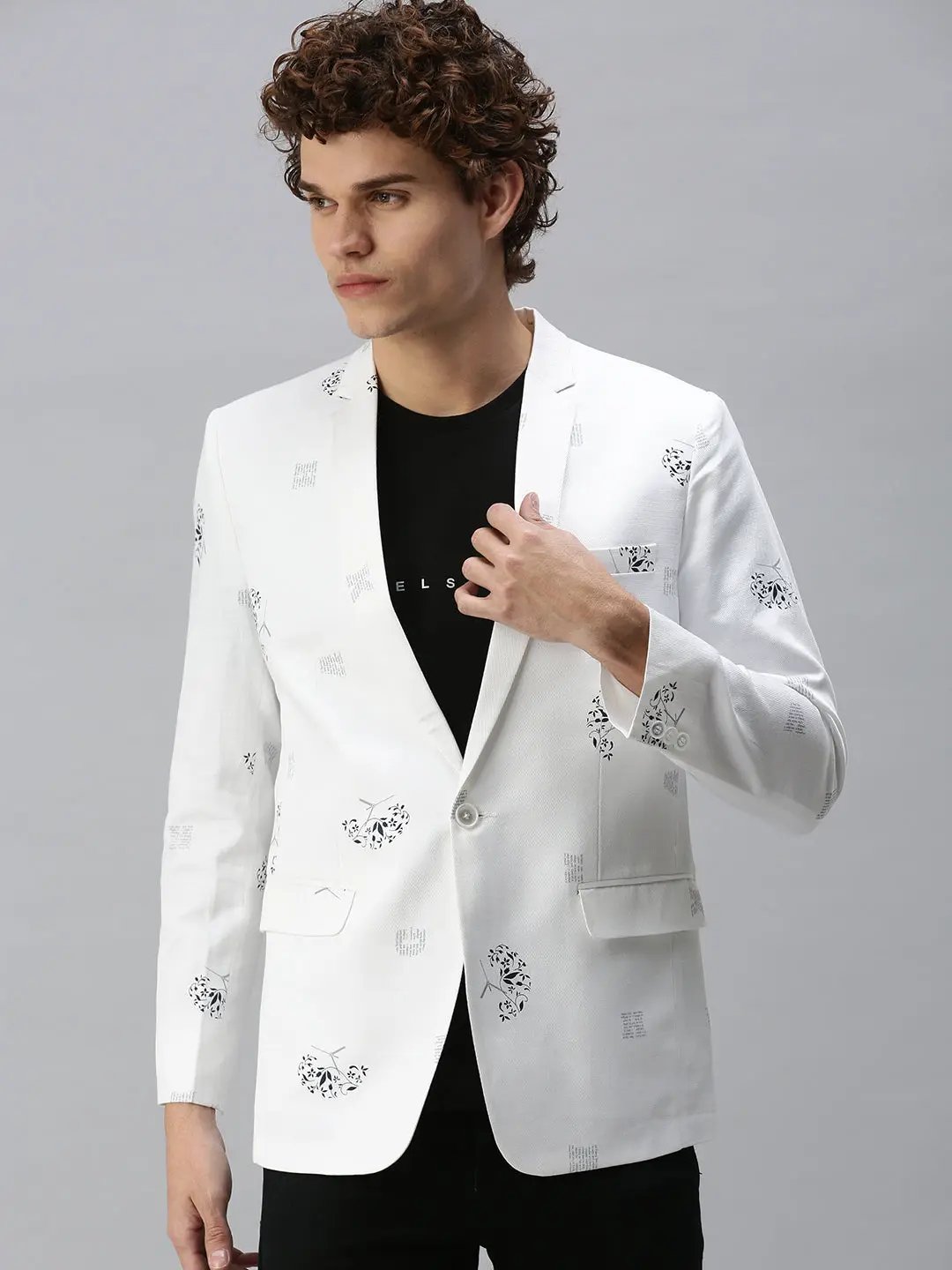 Men's White Printed Single-Breasted Slim-Fit Blazer - from SHOWOFFFF