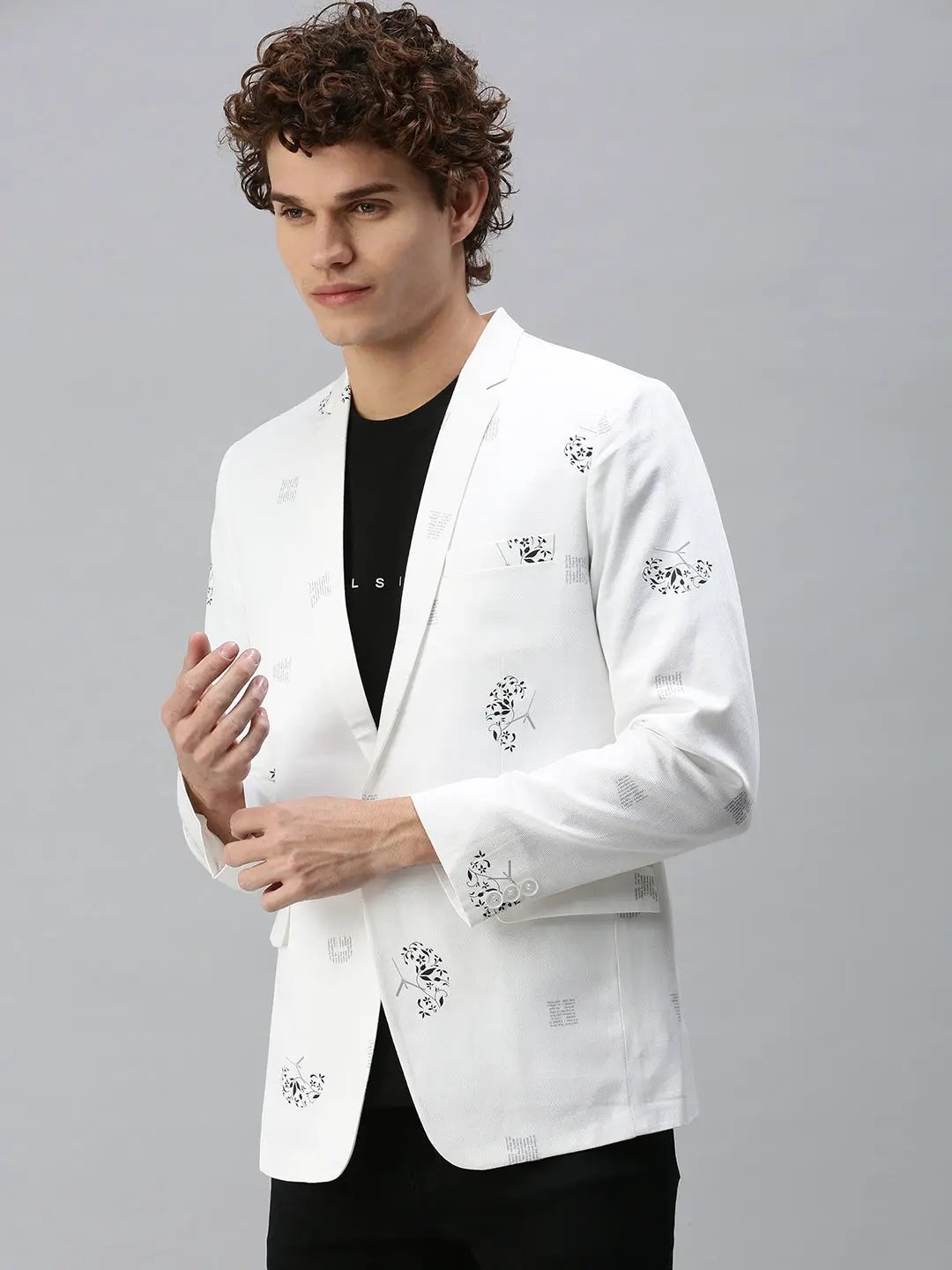 Men's White Printed Single-Breasted Slim-Fit Blazer - from SHOWOFFFF