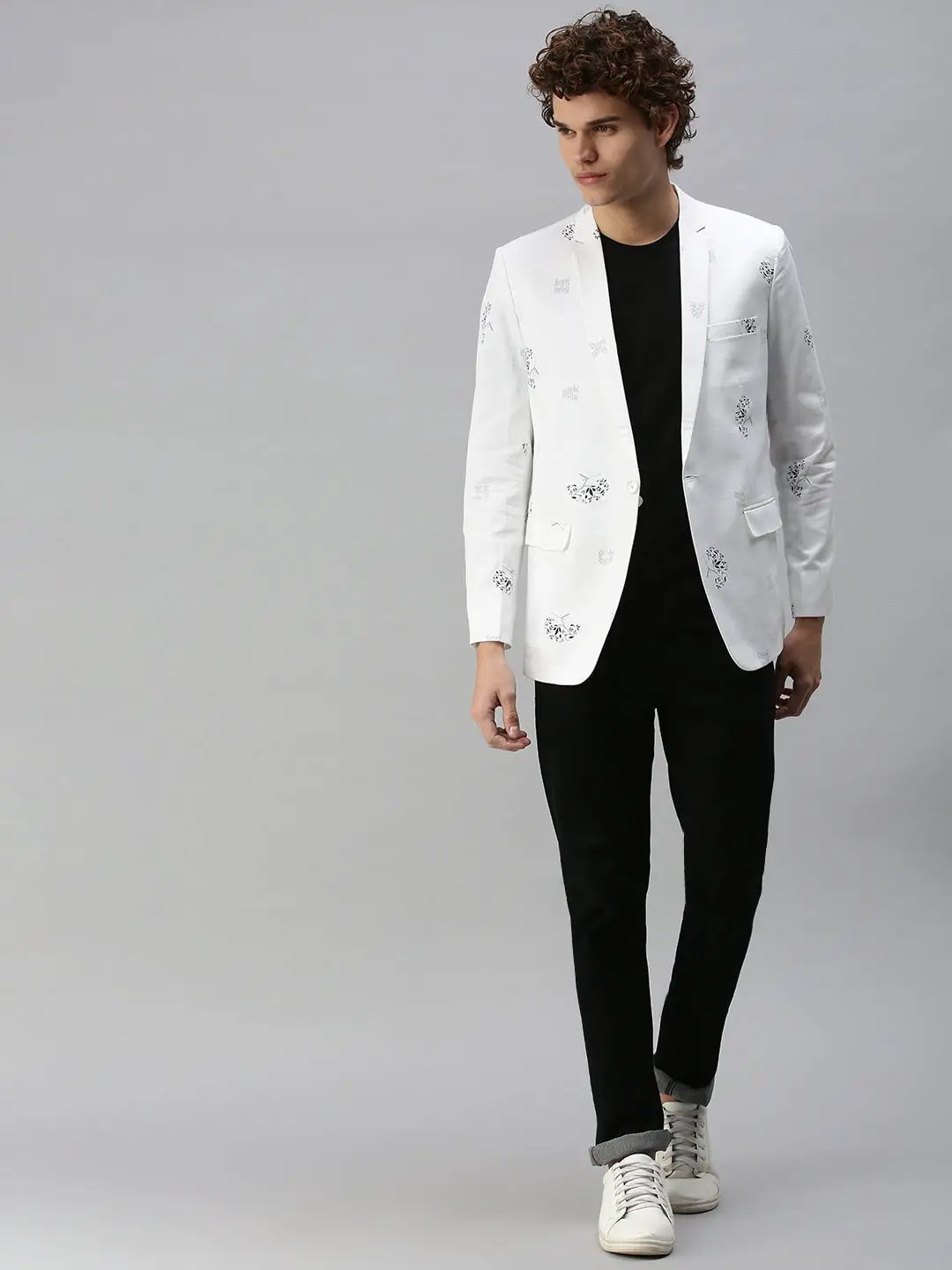 Men's White Printed Single-Breasted Slim-Fit Blazer - from SHOWOFFFF