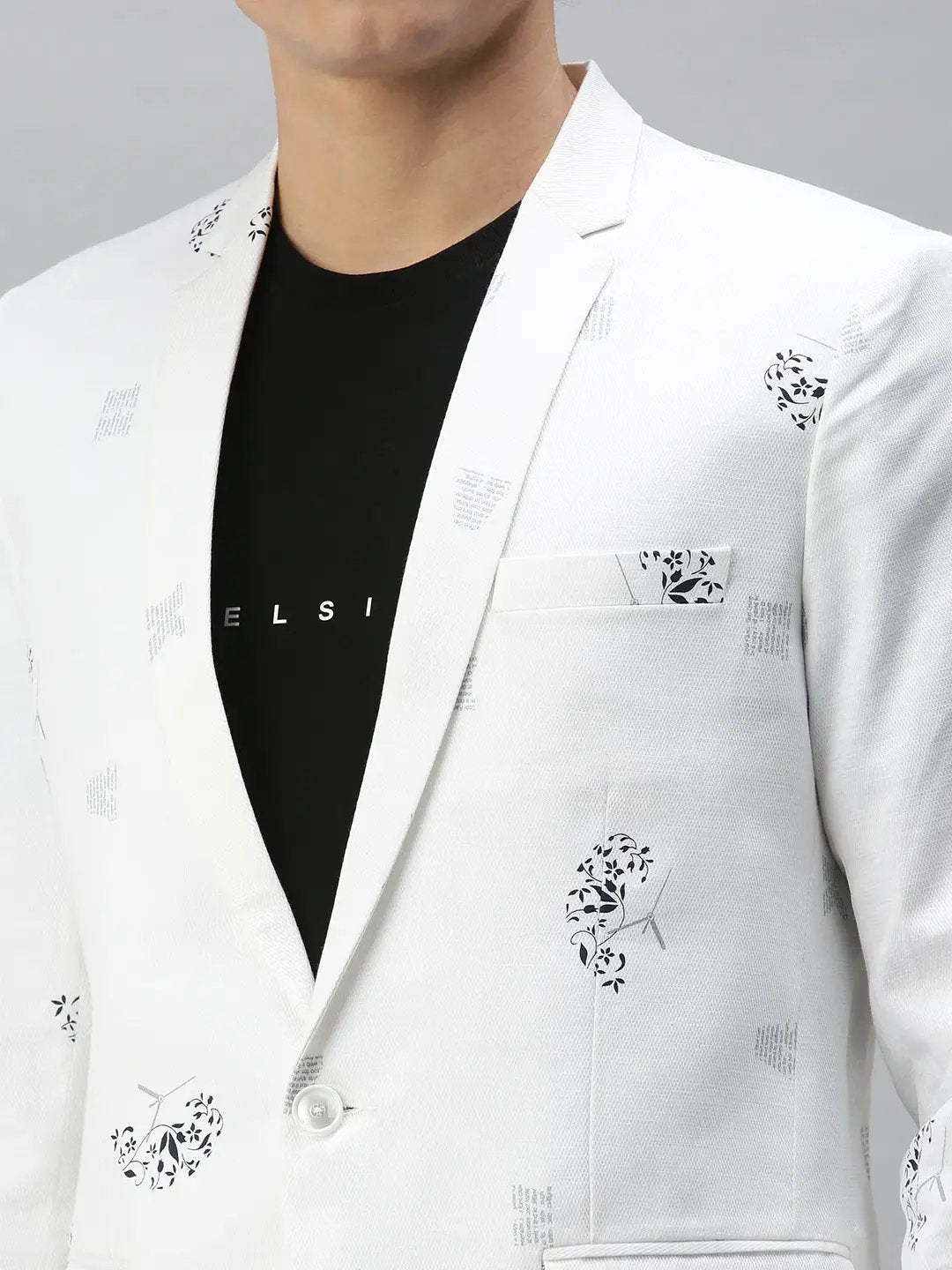 Men's White Printed Single-Breasted Slim-Fit Blazer - from SHOWOFFFF