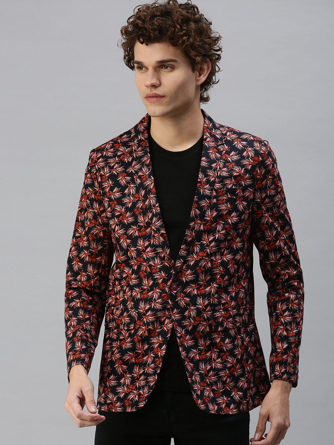 Men Navy Blue Floral Print Single Breasted Blazer