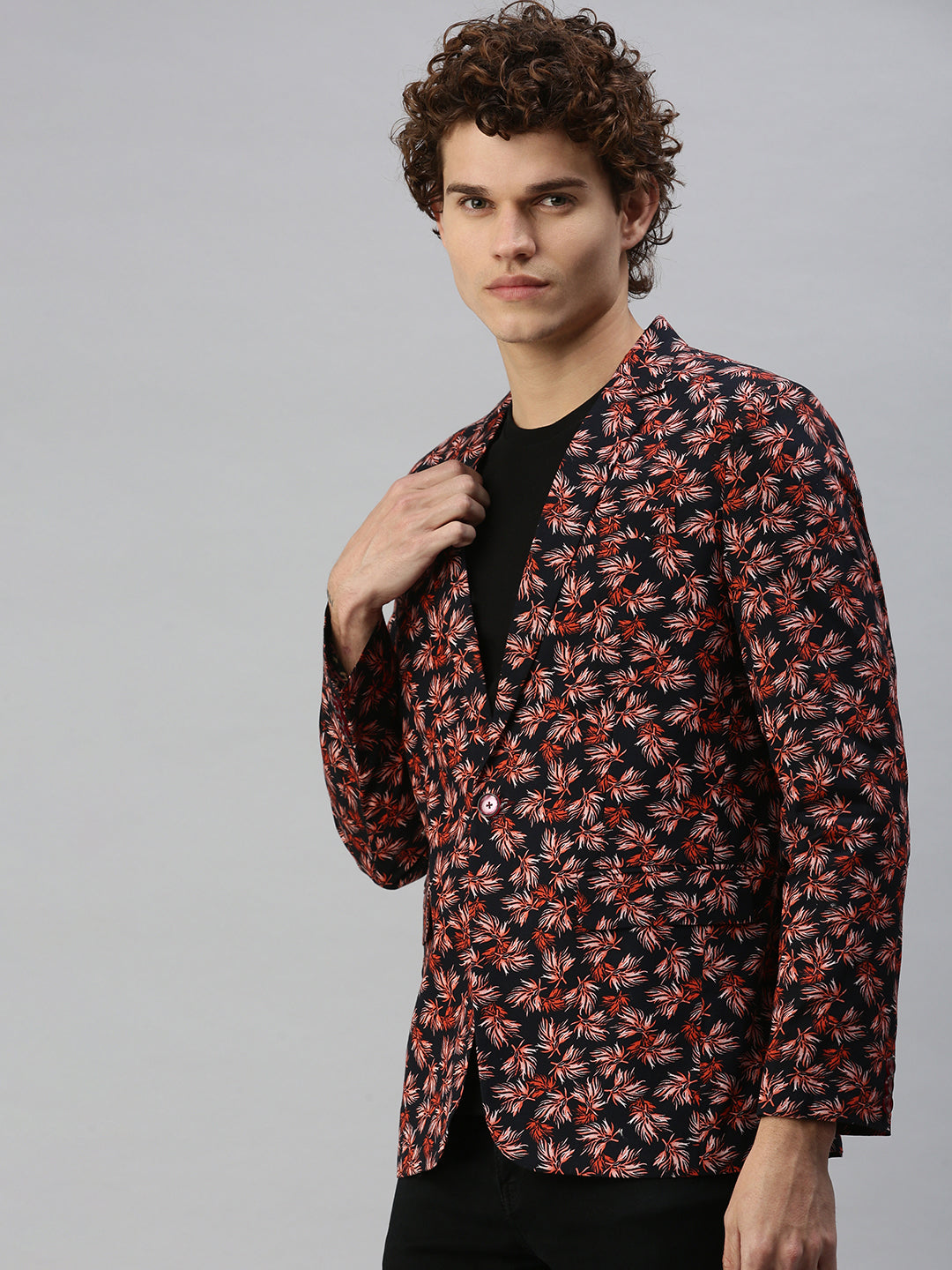 Men Navy Blue Floral Print Single Breasted Blazer