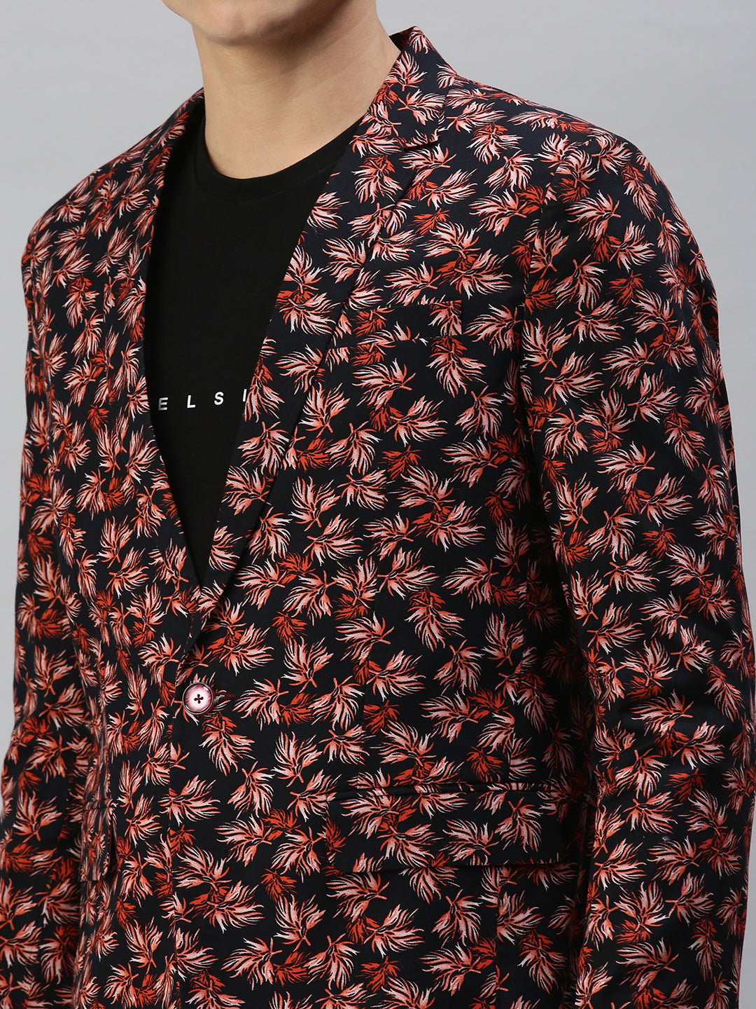 Men Navy Blue Floral Print Single Breasted Blazer