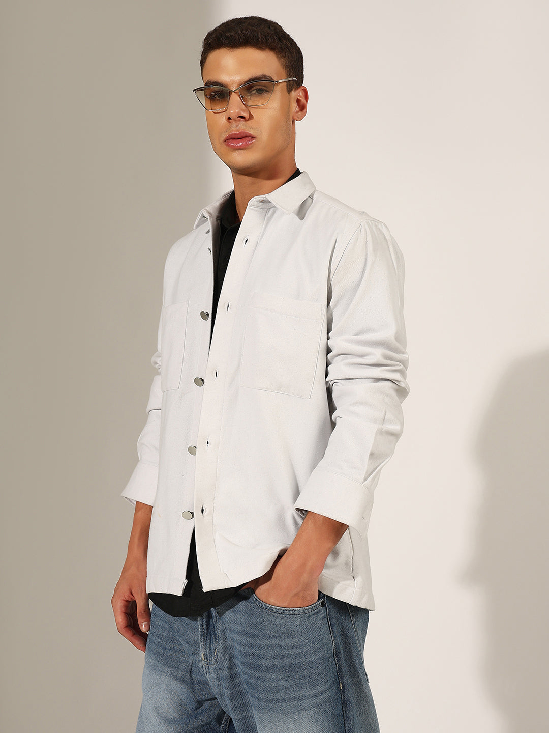 Men's White Button-Up Shacket with Utility Pockets