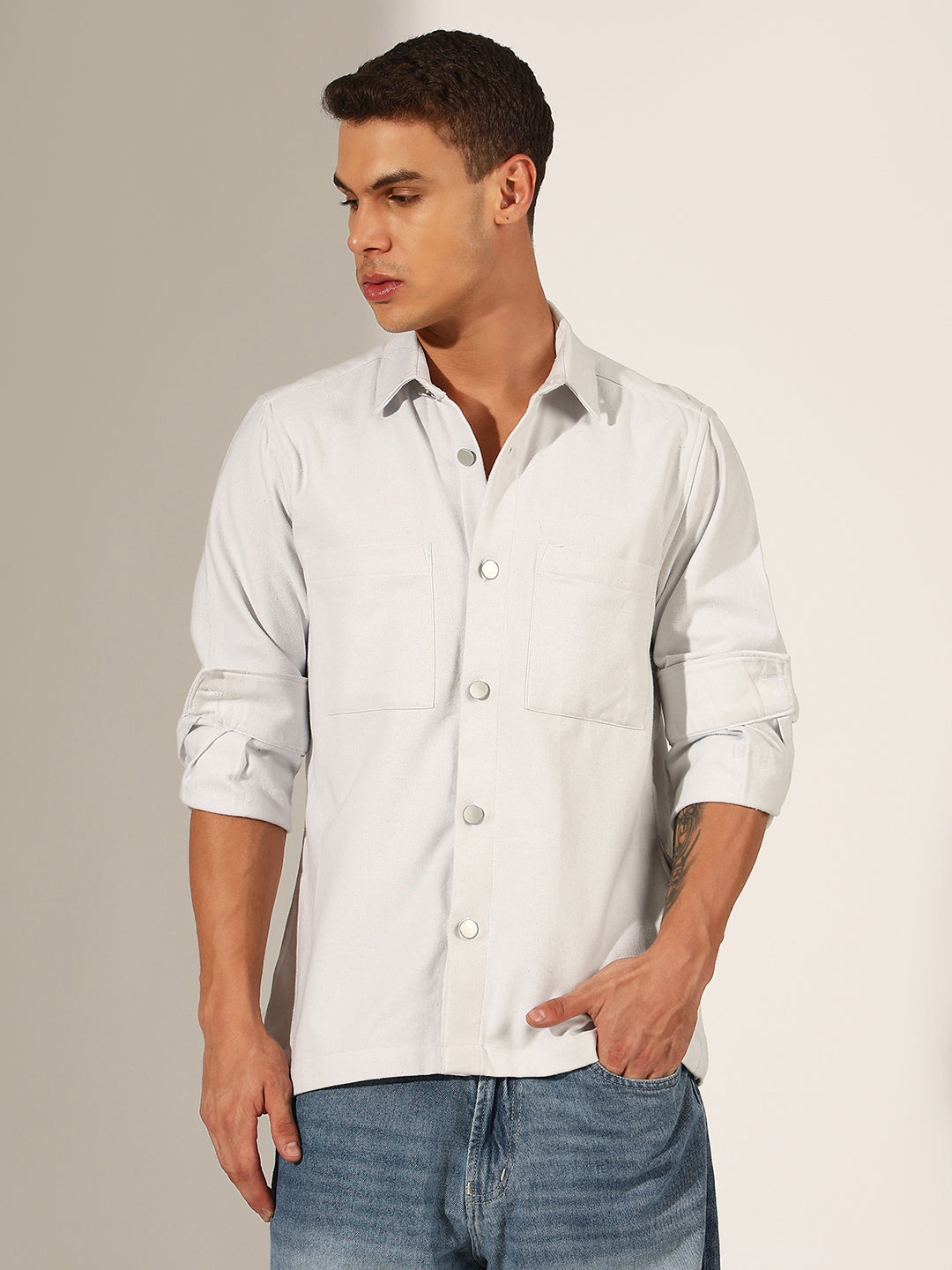 Men's White Button-Up Shacket with Utility Pockets