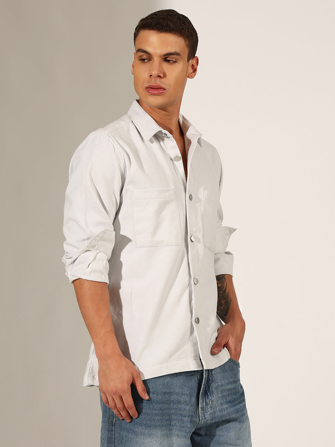 Men's White Button-Up Shacket with Utility Pockets