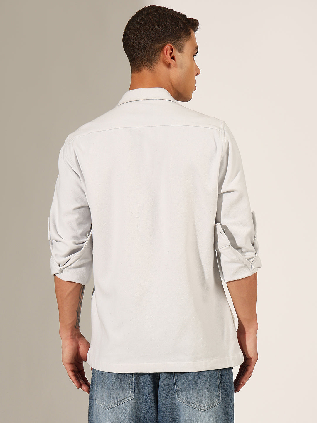 Men's White Button-Up Shacket with Utility Pockets