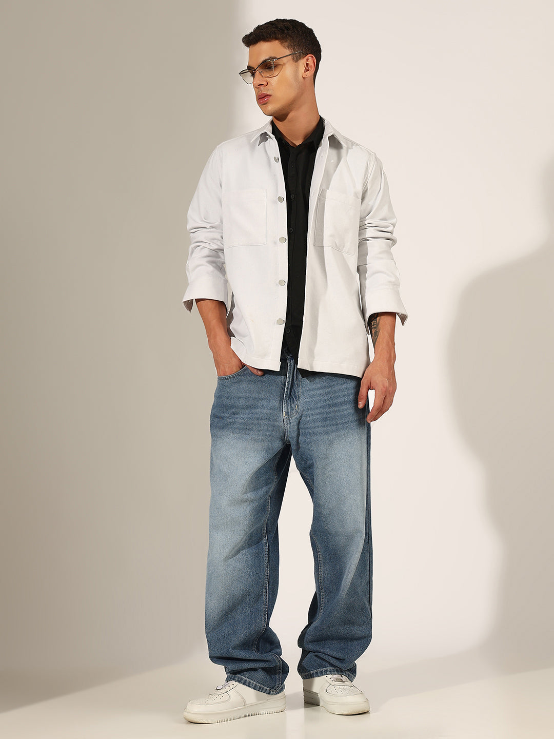 Men's White Button-Up Shacket with Utility Pockets
