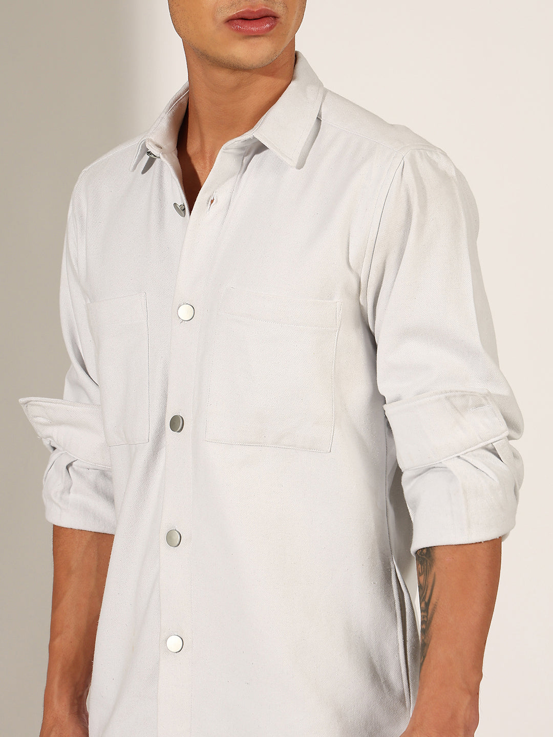 Men's White Button-Up Shacket with Utility Pockets