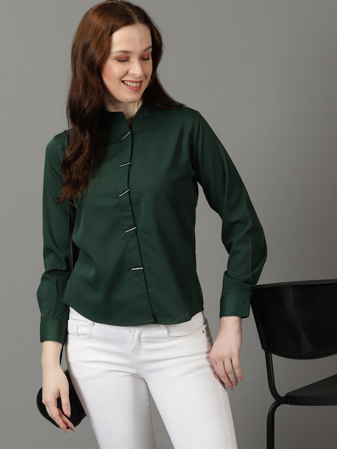 Women Mandarin Collar Solid Green Shirt Style Top