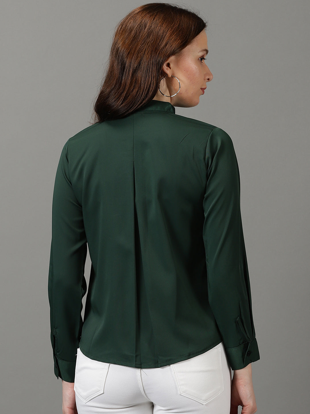 Women Mandarin Collar Solid Green Shirt Style Top