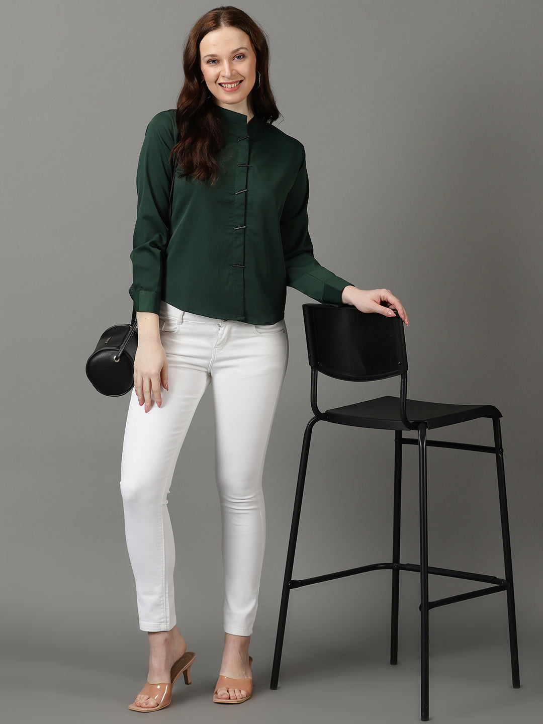 Women Mandarin Collar Solid Green Shirt Style Top