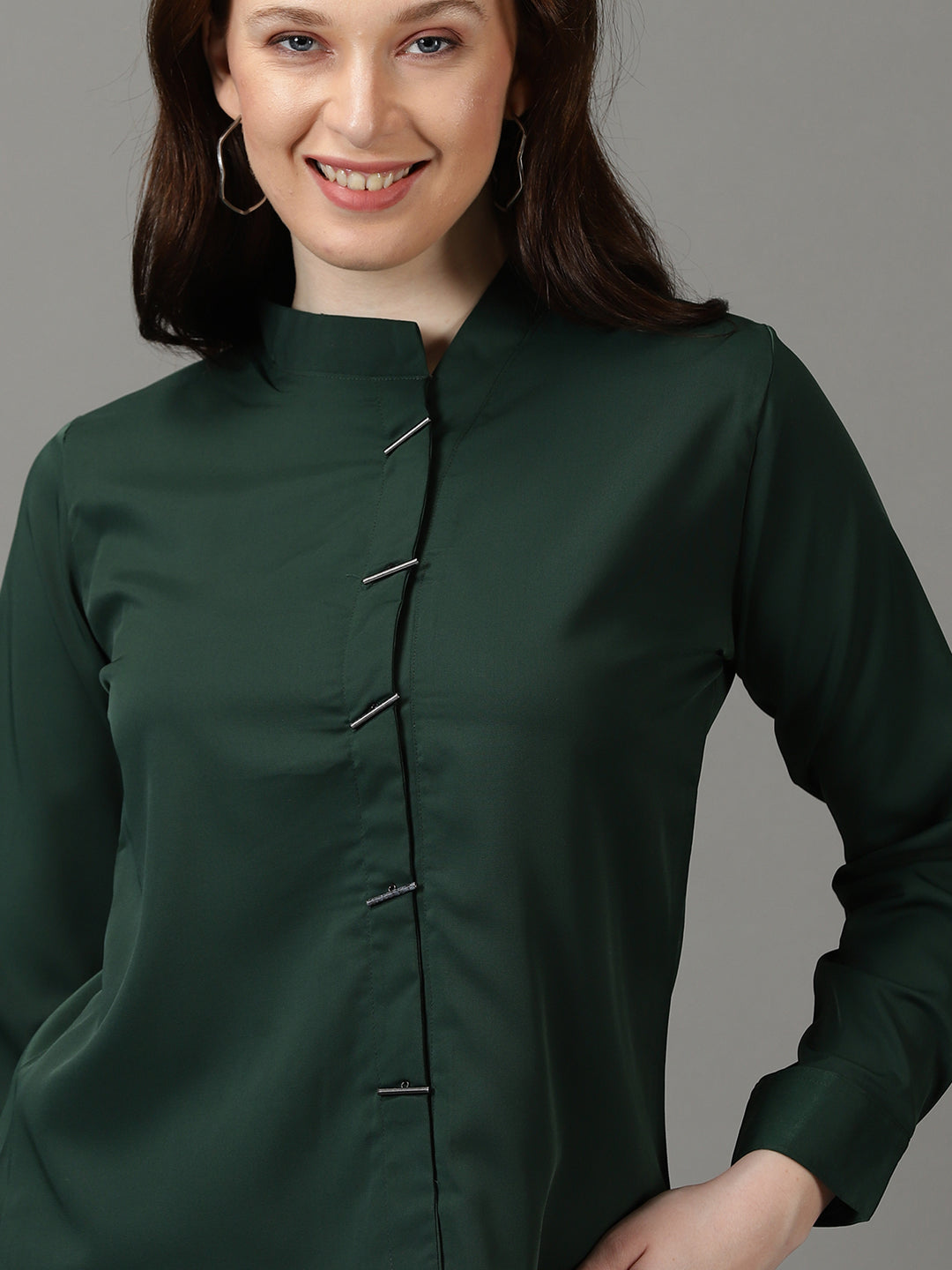 Women Mandarin Collar Solid Green Shirt Style Top