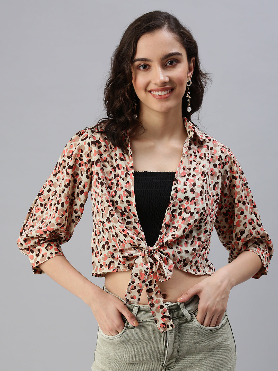 Women Shirt Collar Printed Beige Fitted Top