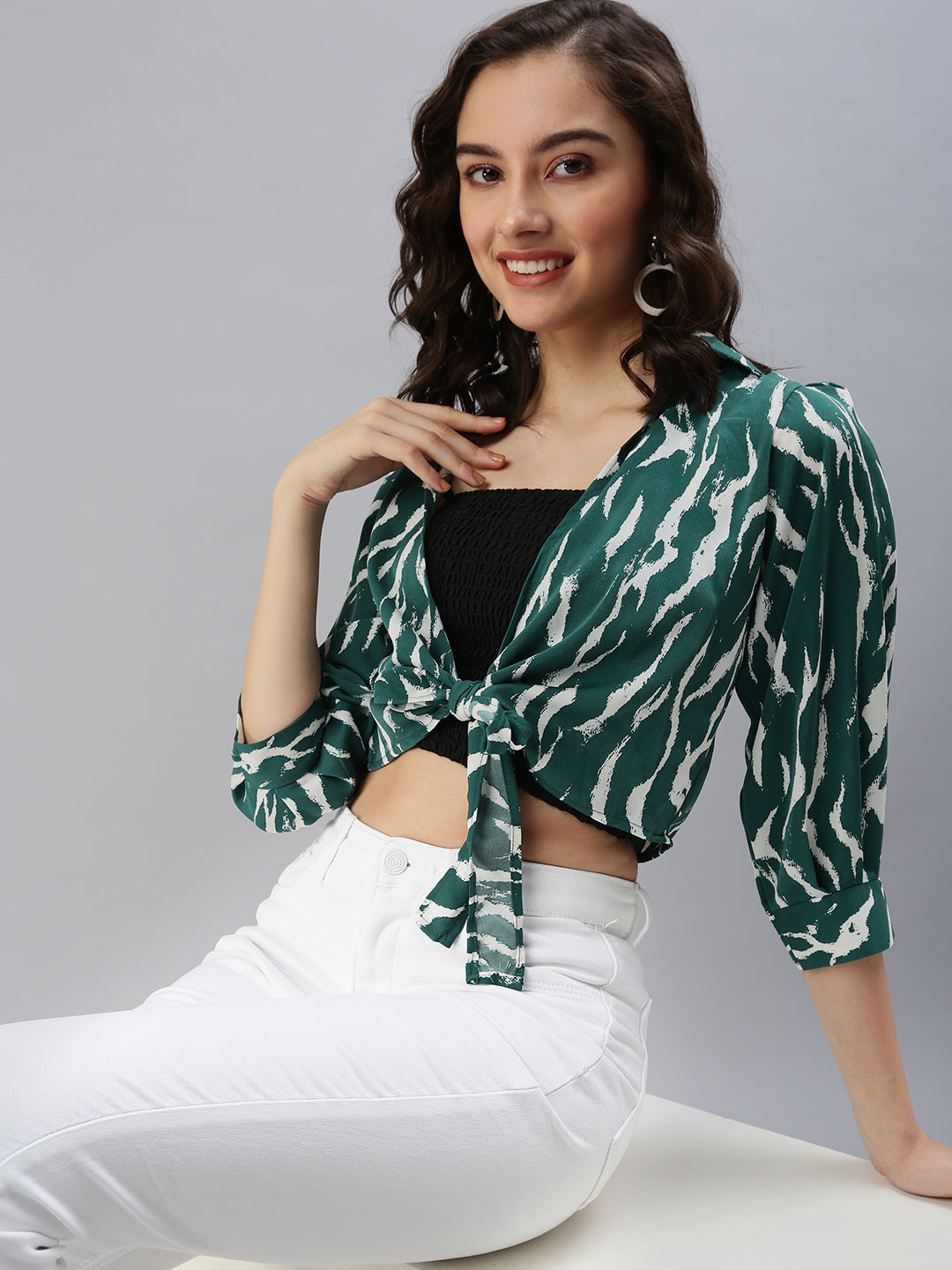 Women's Green Printed Crop Top