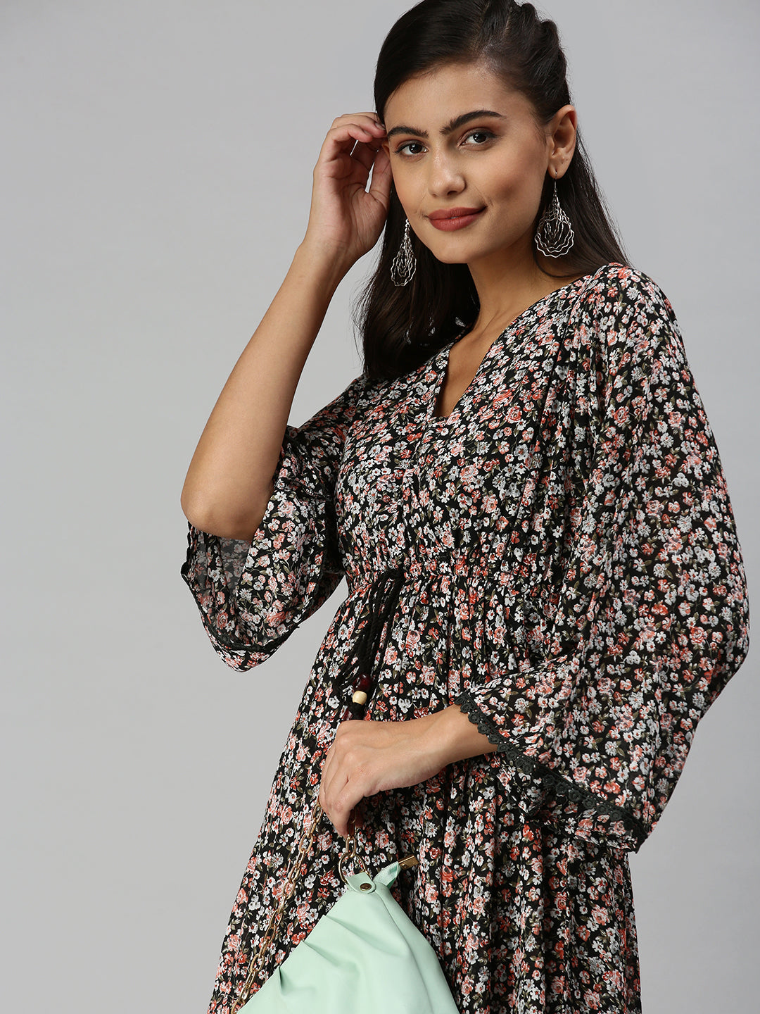 Women V-Neck Printed Kaftan Black Dress