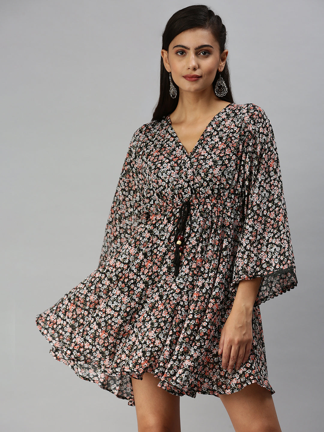 Women V-Neck Printed Kaftan Black Dress