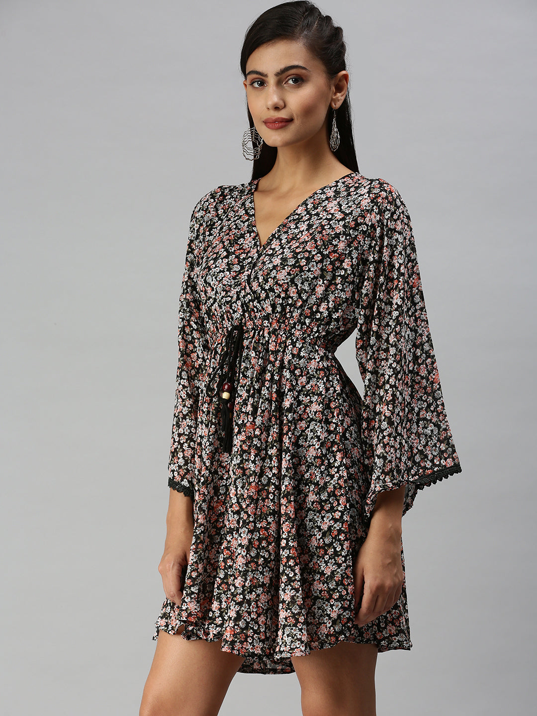 Women V-Neck Printed Kaftan Black Dress