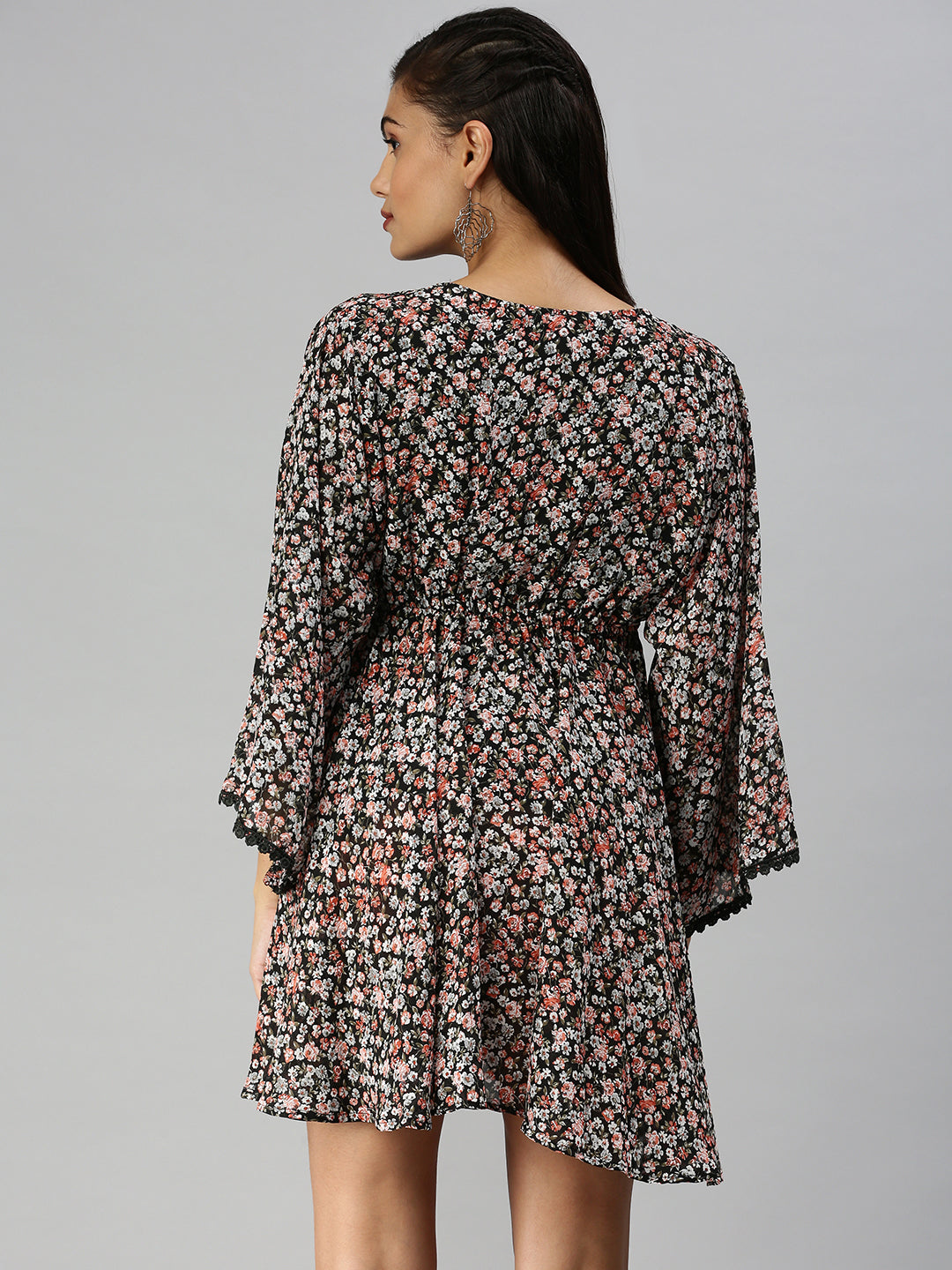 Women V-Neck Printed Kaftan Black Dress