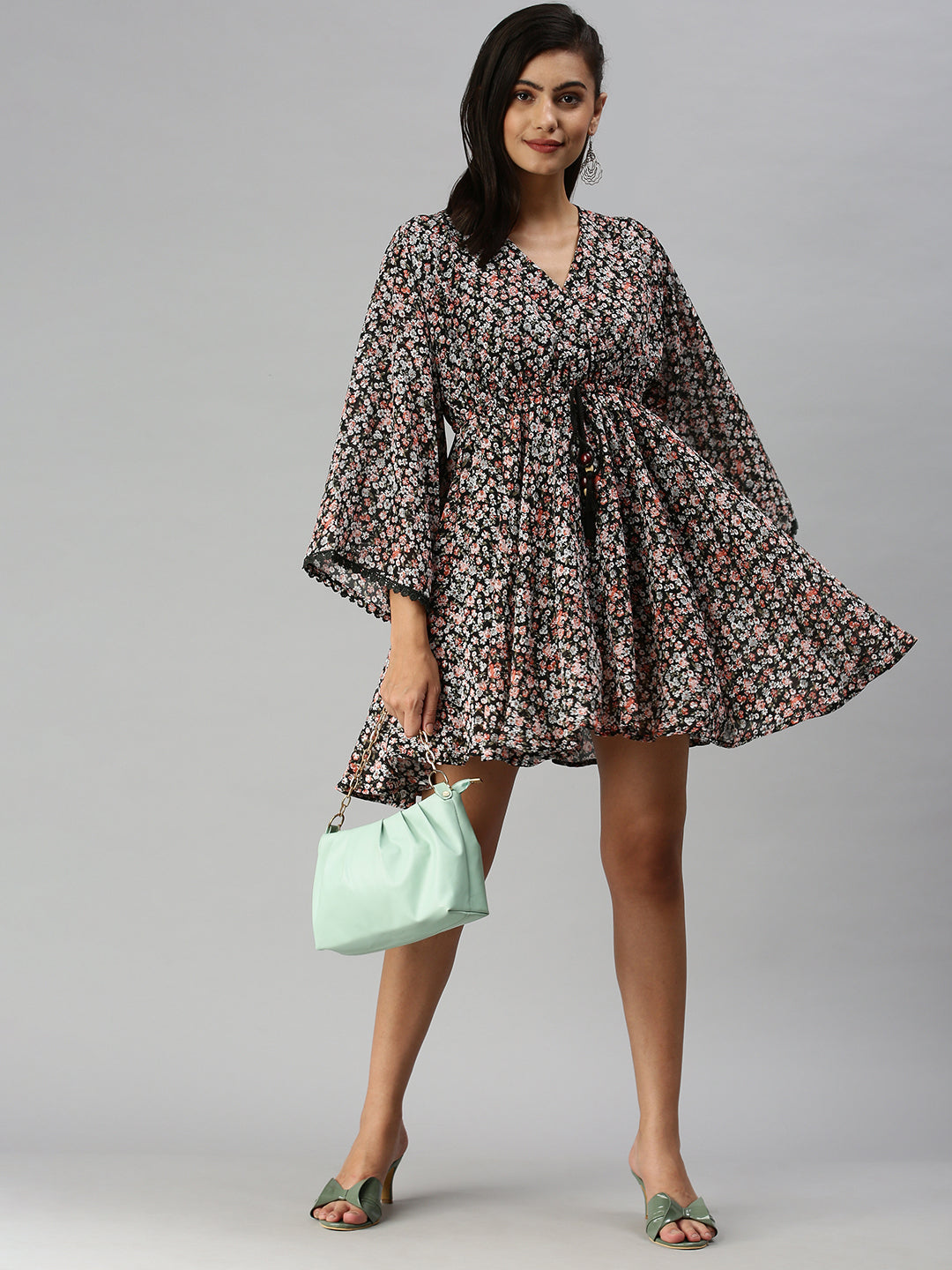 Women V-Neck Printed Kaftan Black Dress