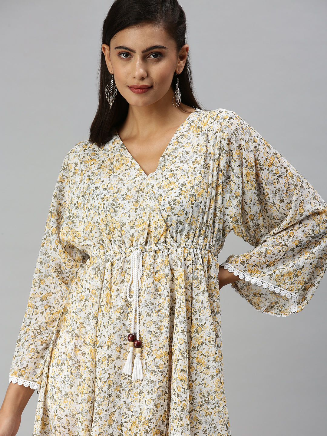 Women V-Neck Printed Kaftan White Dress