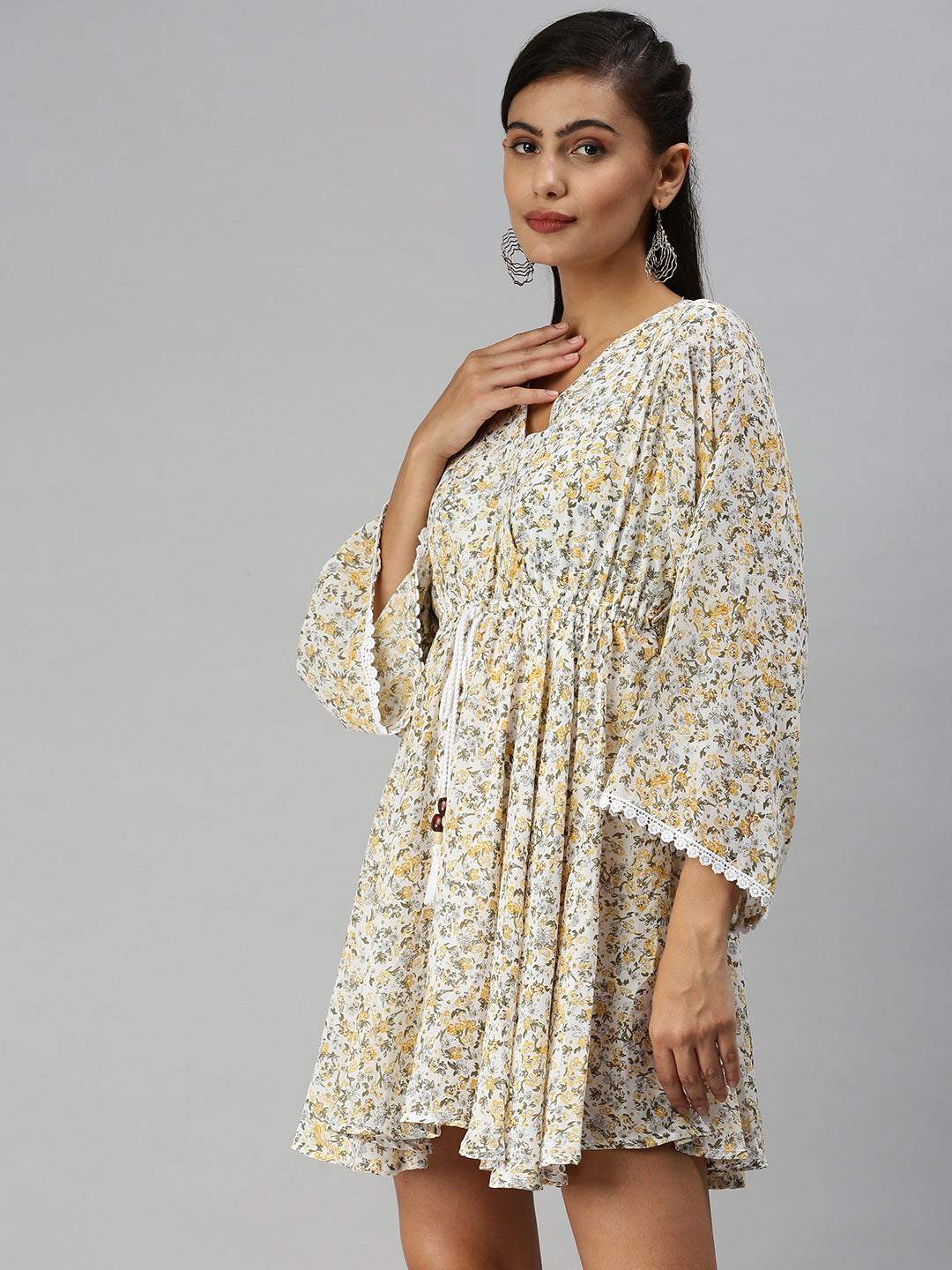 Women V-Neck Printed Kaftan White Dress