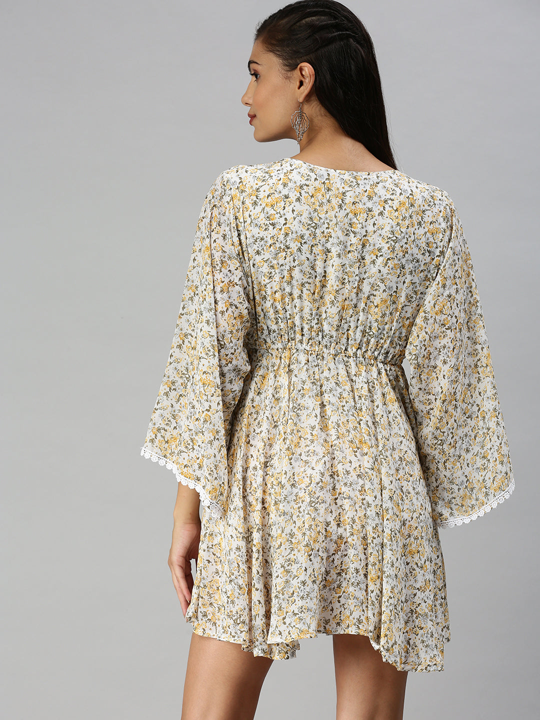 Women V-Neck Printed Kaftan White Dress