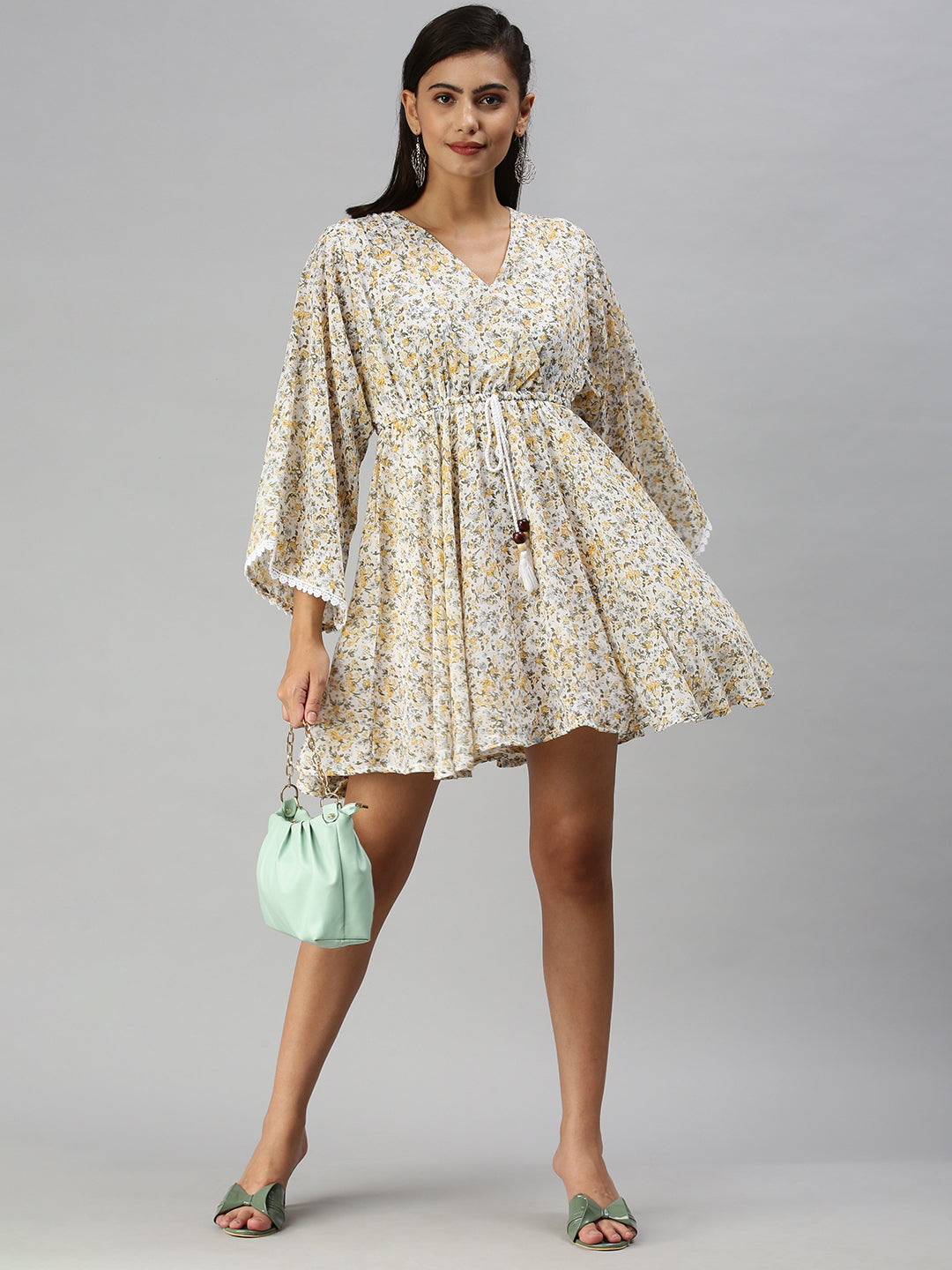 Women V-Neck Printed Kaftan White Dress