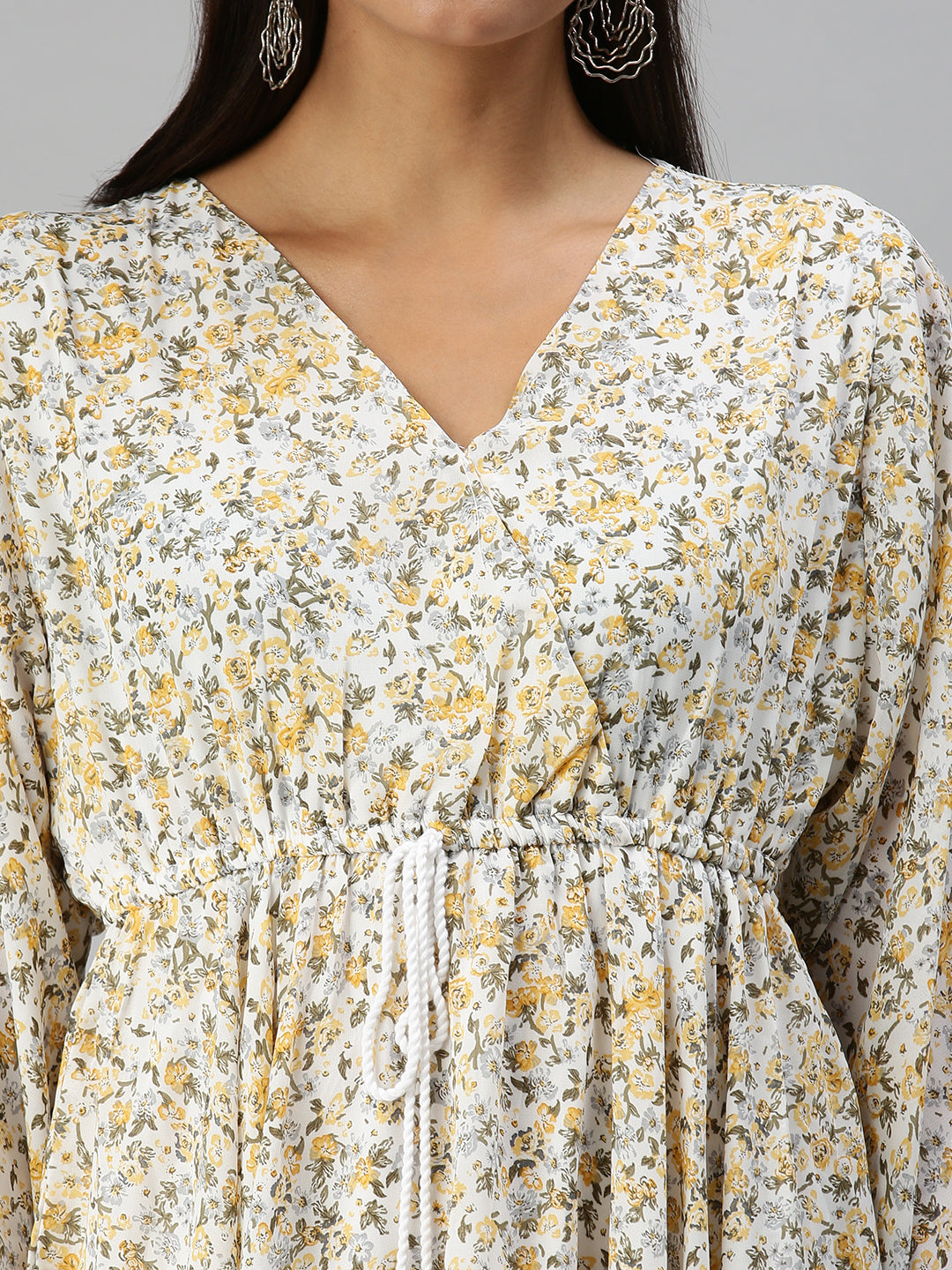 Women V-Neck Printed Kaftan White Dress