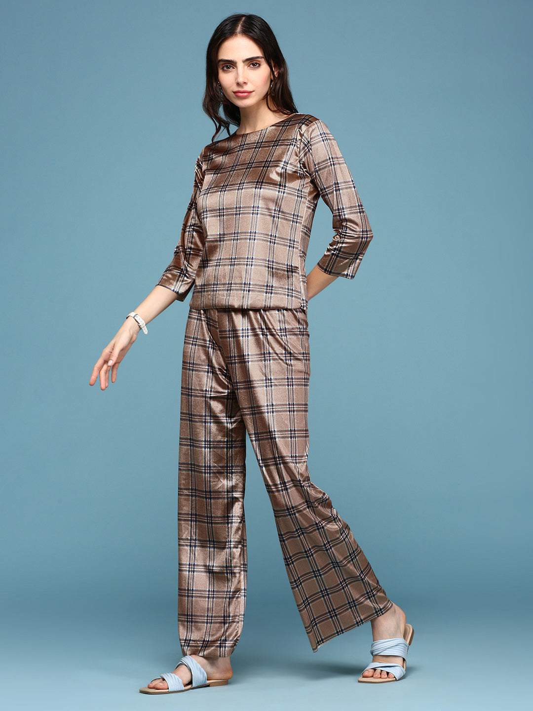 Women's Brown Checked Co-Ords Set With Palazzo