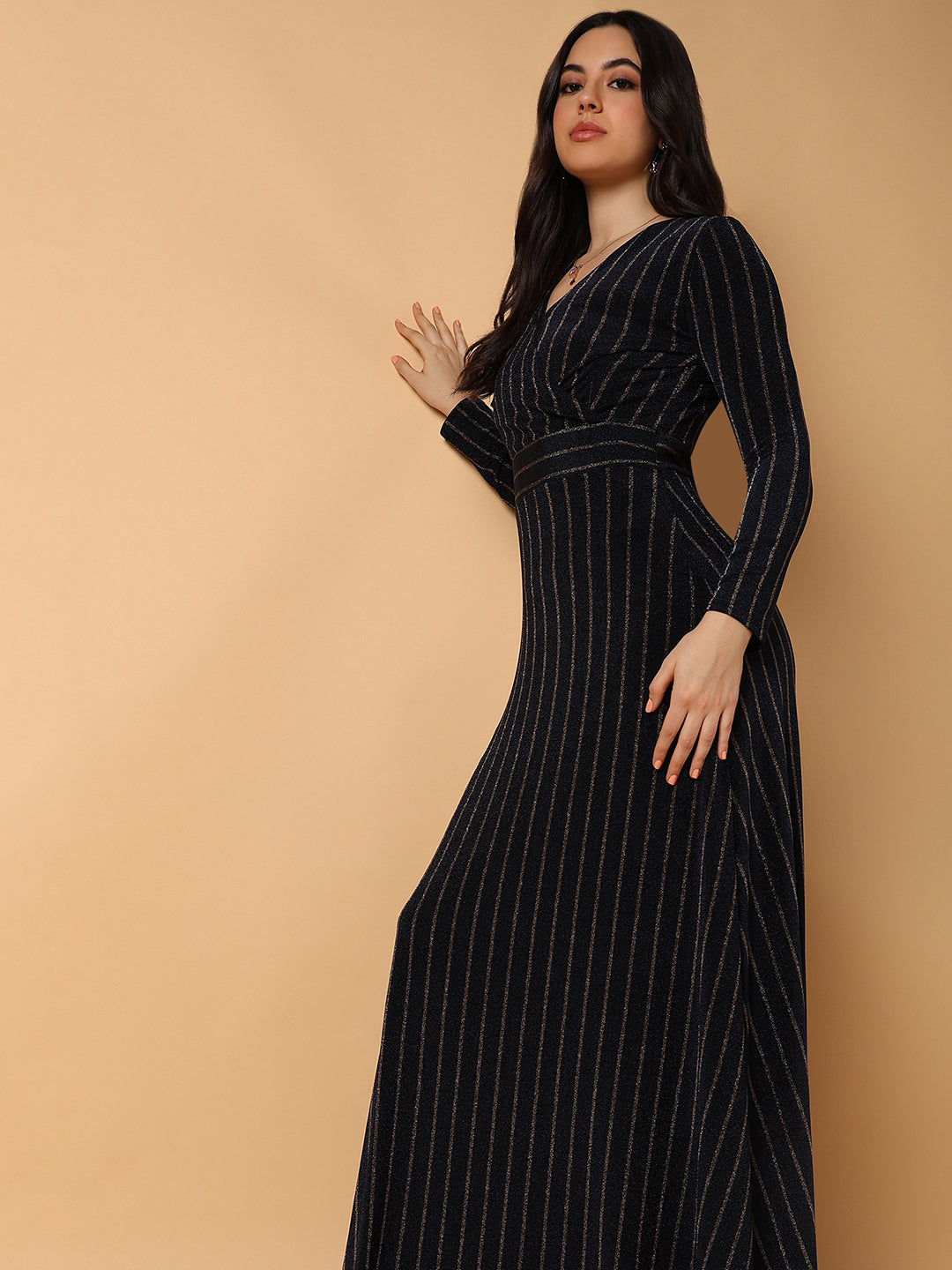 Women Striped Navy Blue Maxi Empire Dress