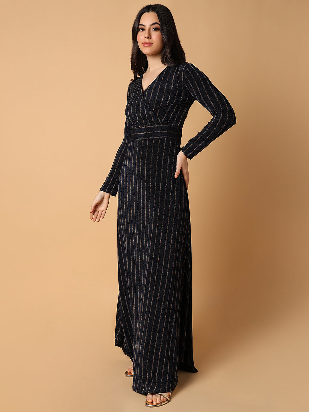 Women Striped Navy Blue Maxi Empire Dress