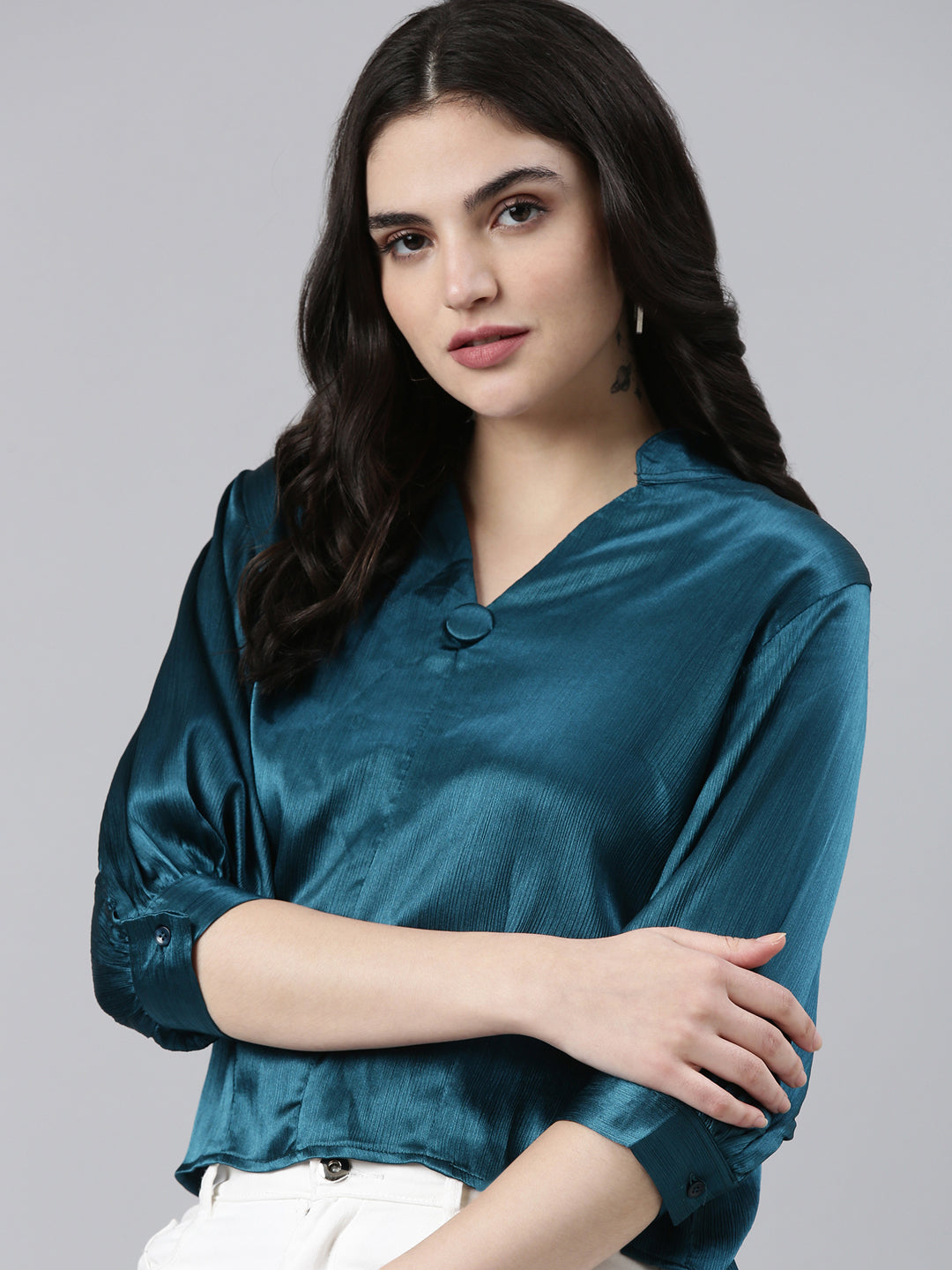 Women V-Neck Solid Teal Top