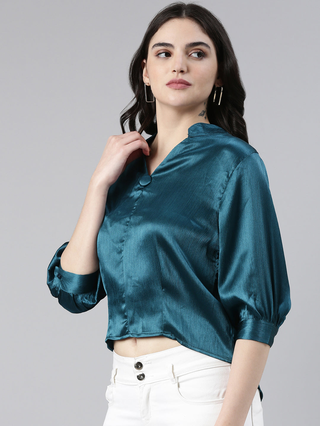 Women V-Neck Solid Teal Top