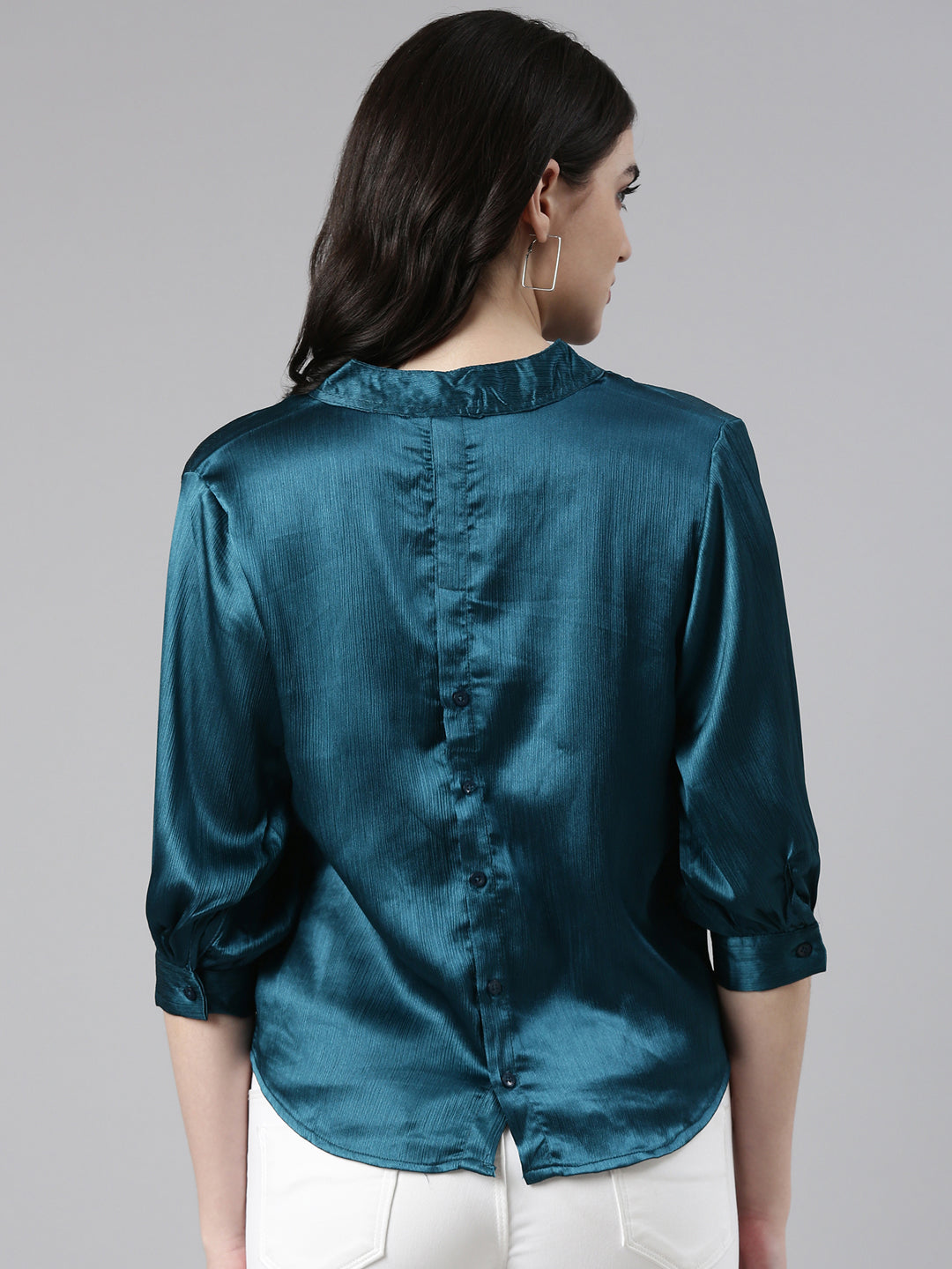 Women V-Neck Solid Teal Top