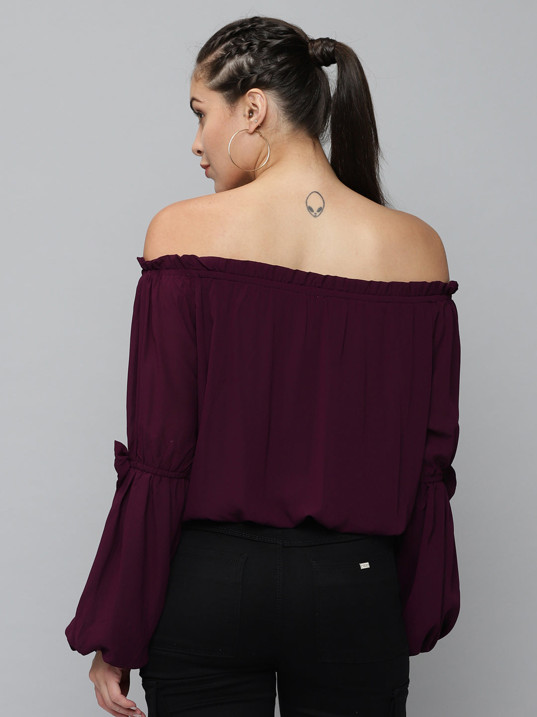 Women's Off-Shoulder Solid Violet Cinched Waist Top